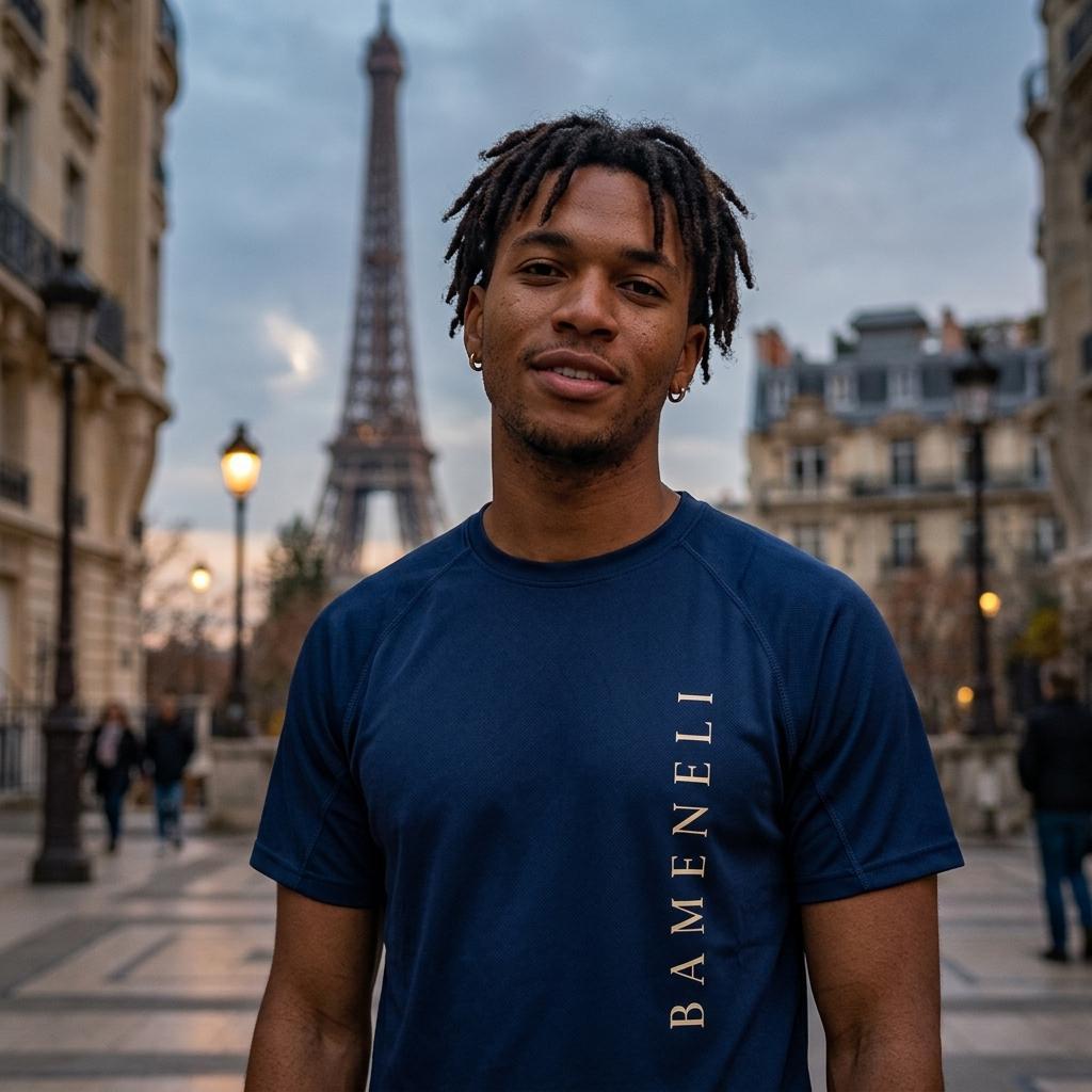 T-shirt Vortex Bameneli French Navy porté à Paris - broderie BAMENELI manche
