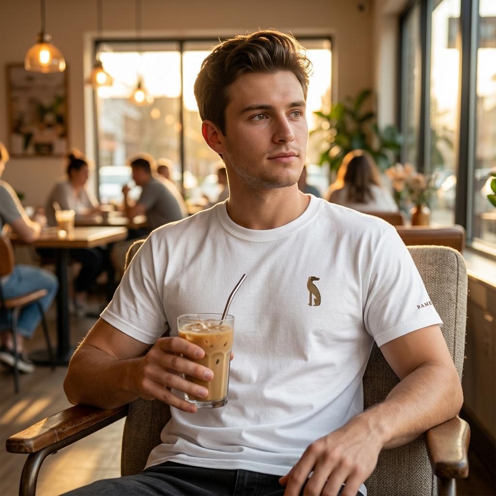T-shirt Unisexe Bameneli Blanc porté en terrasse de café - broderie lévrier doré