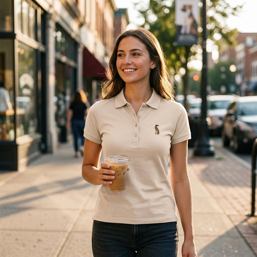 Polo femme Bameneli coloris Rose poudré porté en ville - broderie lévrier doré